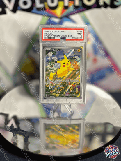 Pikachu SV Promo Pokemon Card PSA 9 featuring vibrant colors and illustrations from the 2024 Adventure Chest.