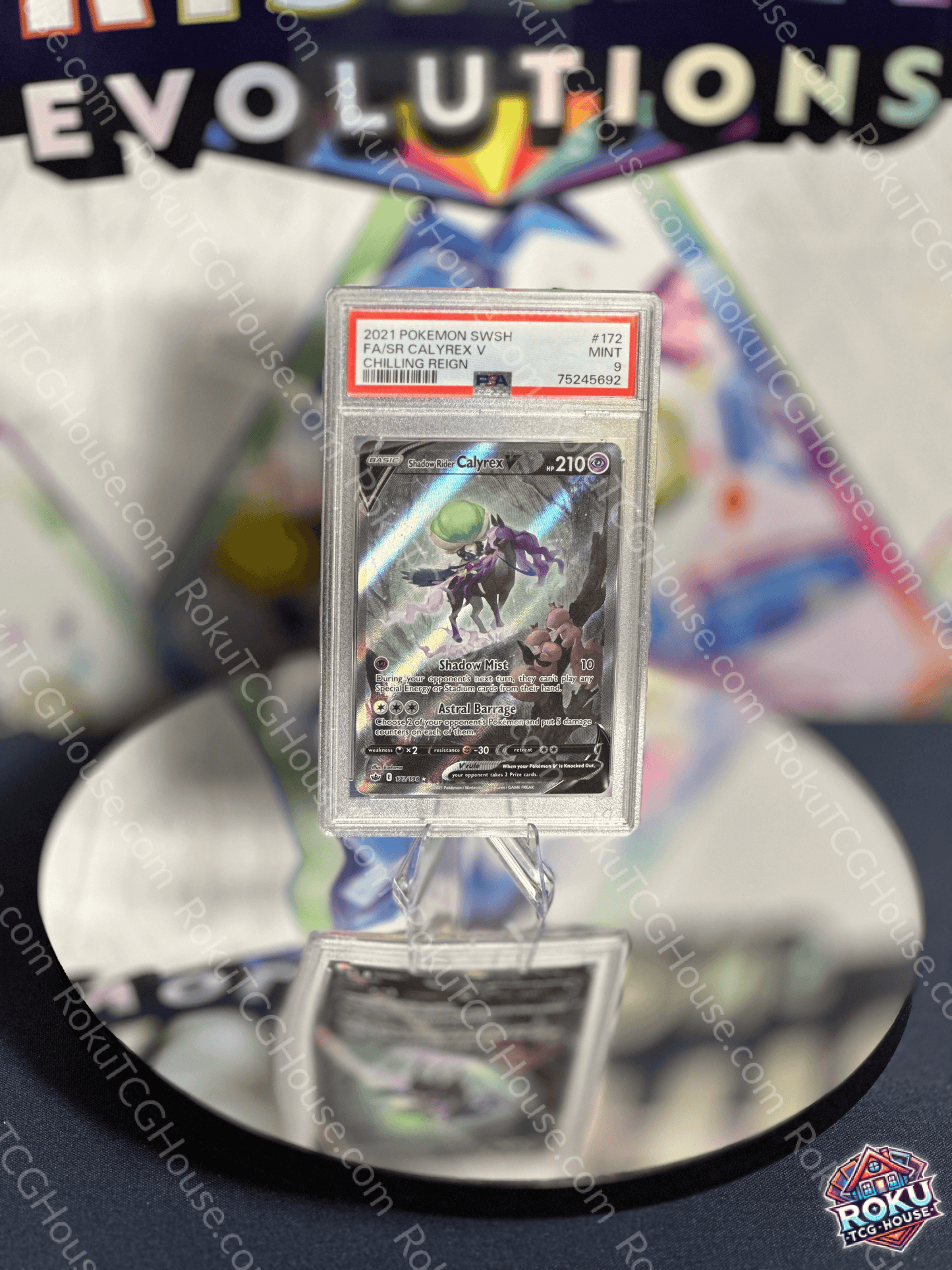 Front of Shadow Rider Calyrex V – Chilling Reign – Pokémon Card (PSA 9).