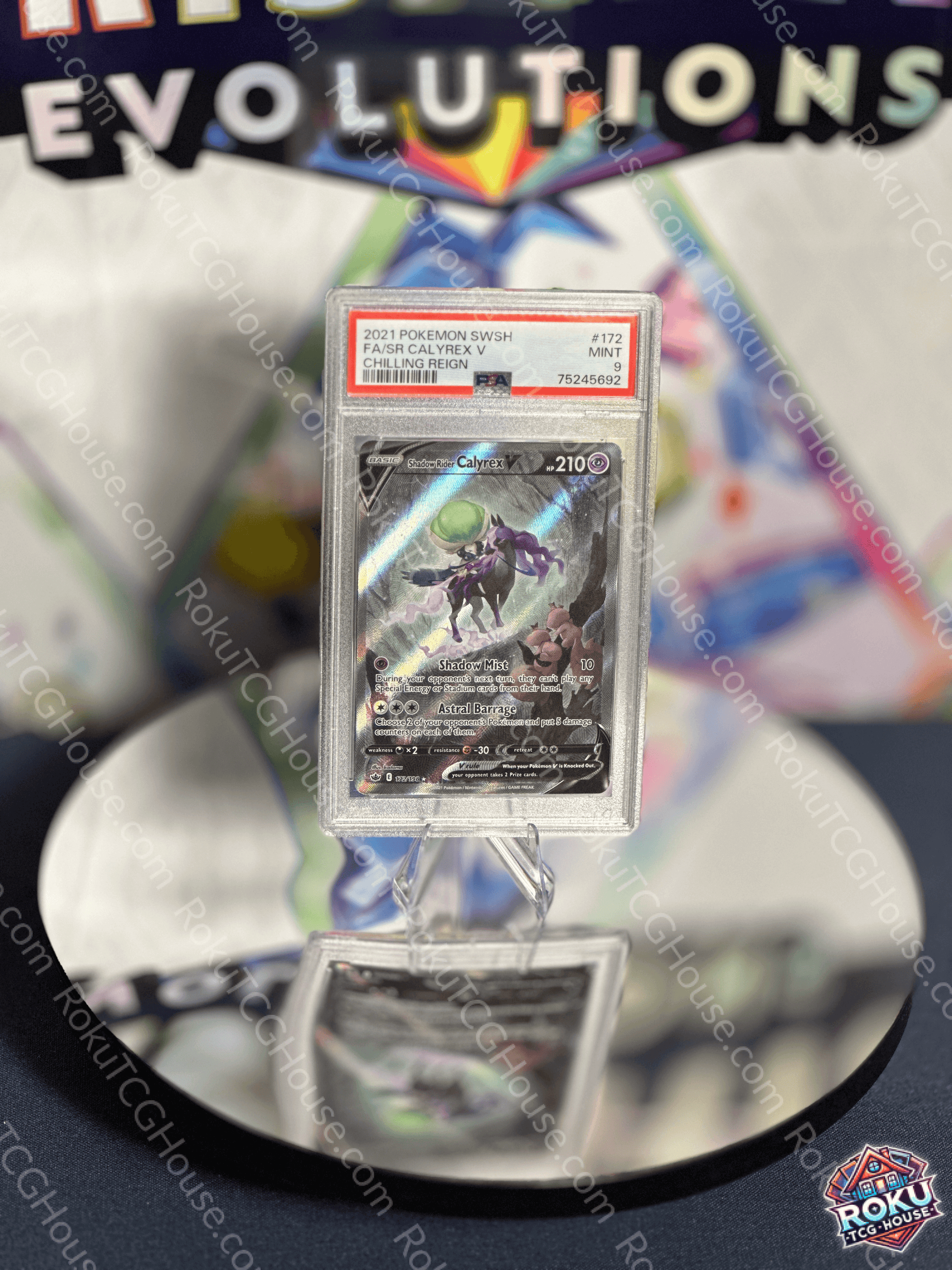 Front of Shadow Rider Calyrex V – Chilling Reign – Pokémon Card (PSA 9).