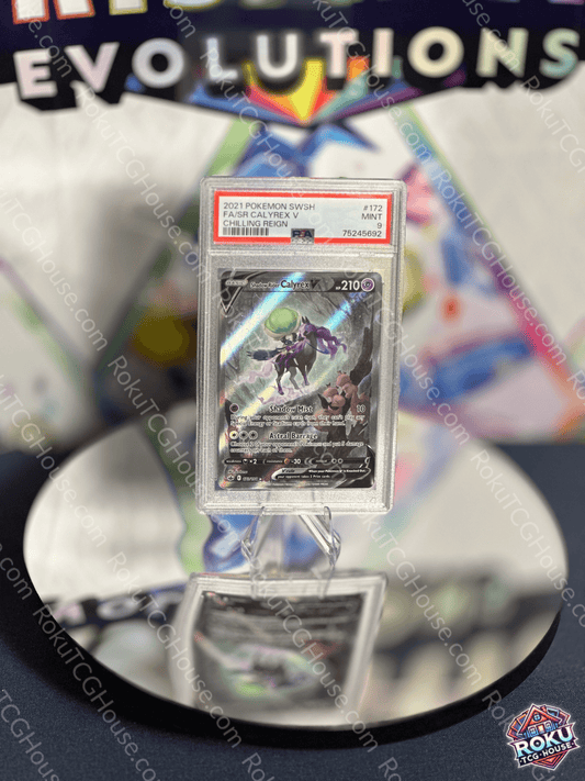 Front of Shadow Rider Calyrex V – Chilling Reign – Pokémon Card (PSA 9).