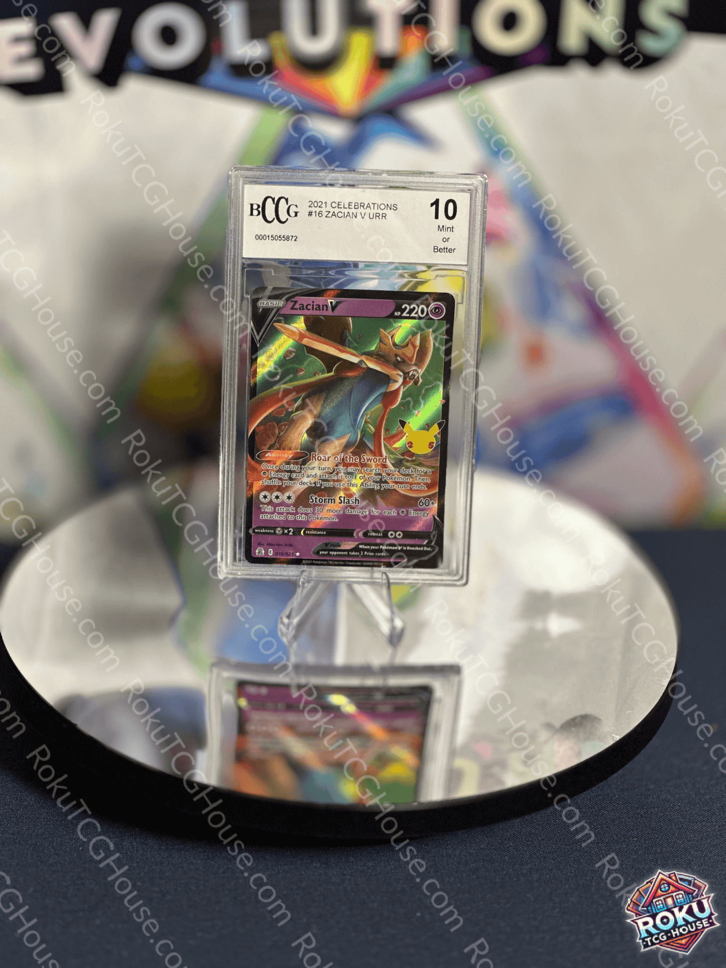 BCCG 10 Zacian V Pokémon card from Celebrations expansion displayed in protective slab.