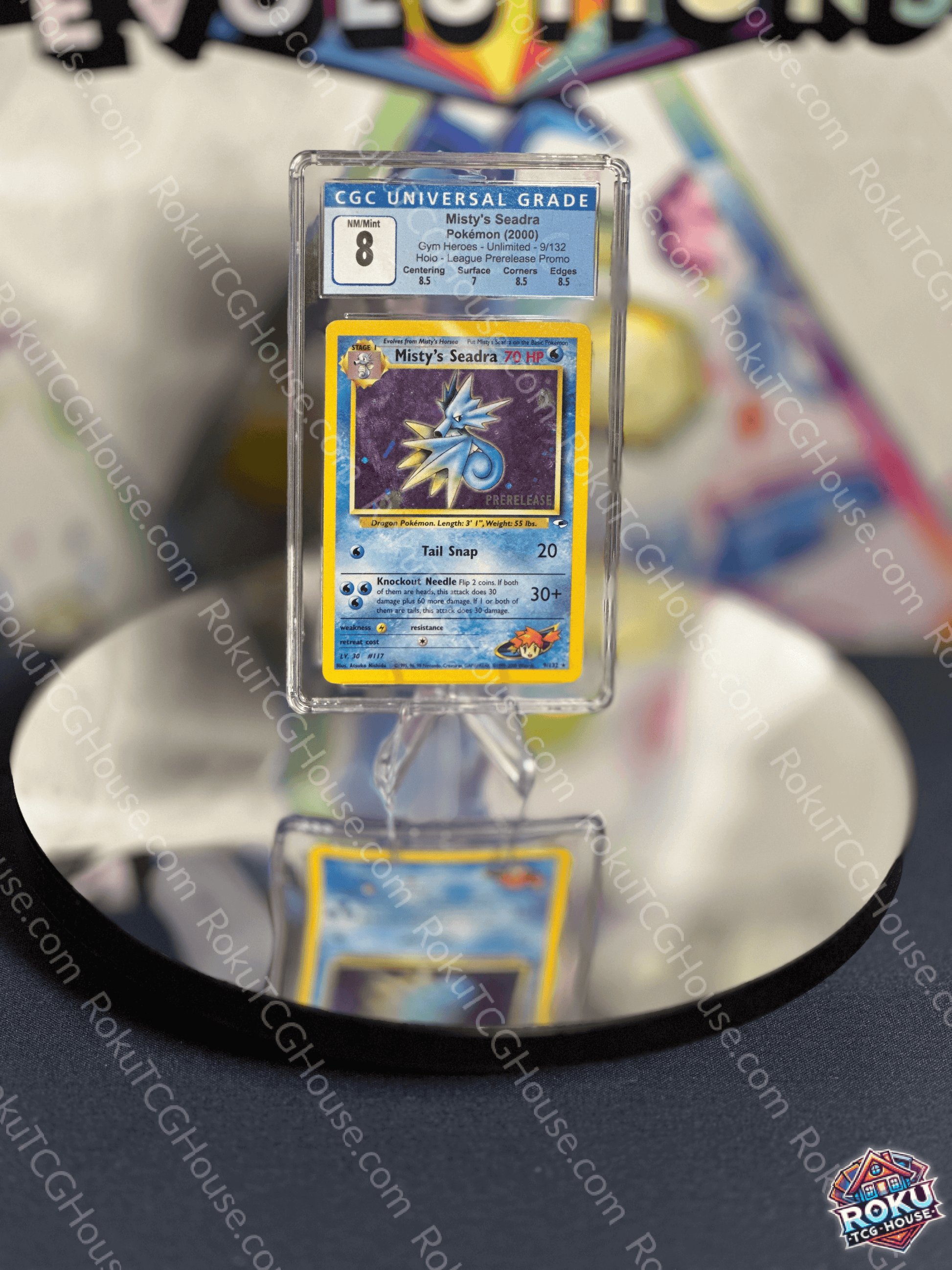 Misty's Seadra Pokemon card graded CGC 8, featuring stunning artwork and details of the Prerelease Promo.
