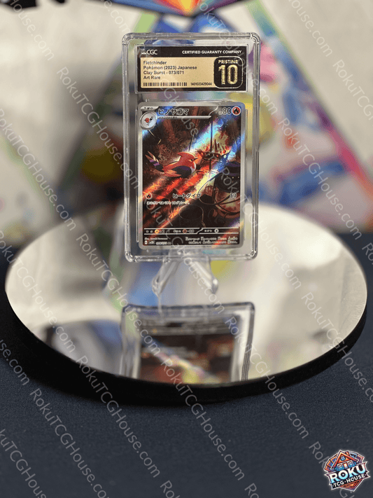 Fletchinder Clay Burst Pokémon card graded CGC Pristine 10 displayed on a mirror stand.