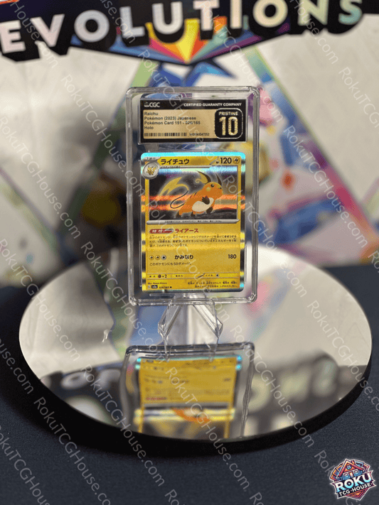 Raichu SV: 151 Japanese Pokémon card graded CGC Pristine 10 displayed on a reflective surface.