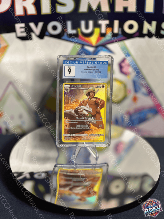 Excadrill Cosmic Eclipse Pokemon card graded CGC 9, displayed on a reflective surface.