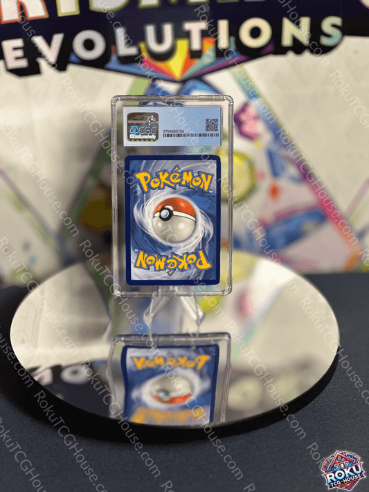 Excadrill Cosmic Eclipse Pokémon card CGC 9 displayed on a reflective surface with colorful background.
