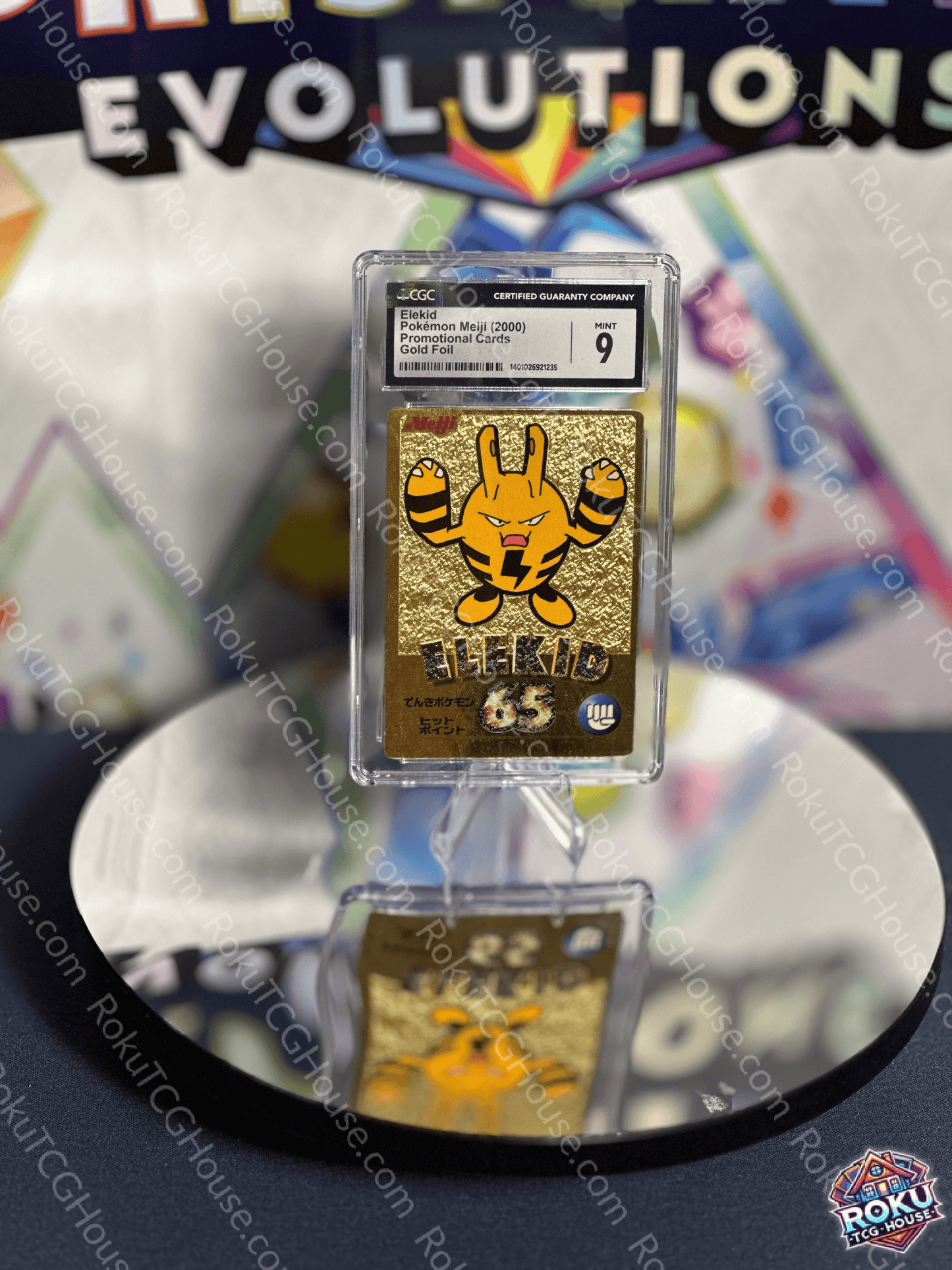 Elekid Meiji Gold Foil Pokémon card graded CGC 9, showcasing gold detailing and vibrant artwork.