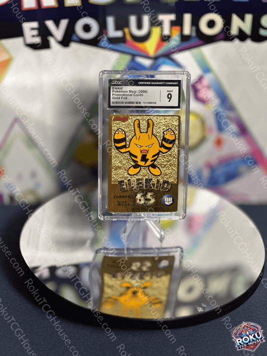 Elekid Meiji Gold Foil Pokémon card graded CGC 9, showcasing gold detailing and vibrant artwork.