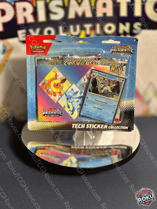 Prismatic Evolutions Tech Sticker Collection featuring Glaceon and vibrant Pokémon designs.