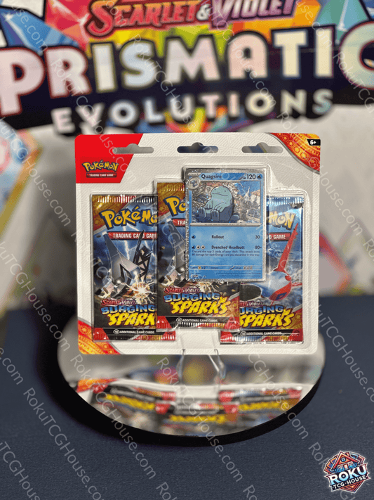 Surging Sparks 3 Pack Blister featuring Quagsire card and Pokemon trading cards in vibrant packaging.