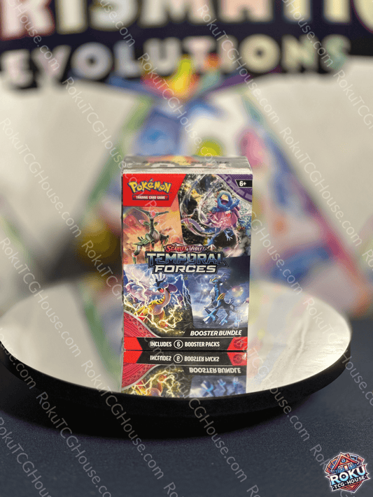 Temporal Forces Booster Bundle featuring 6 booster packs for collectible card games, displayed on a reflective surface.