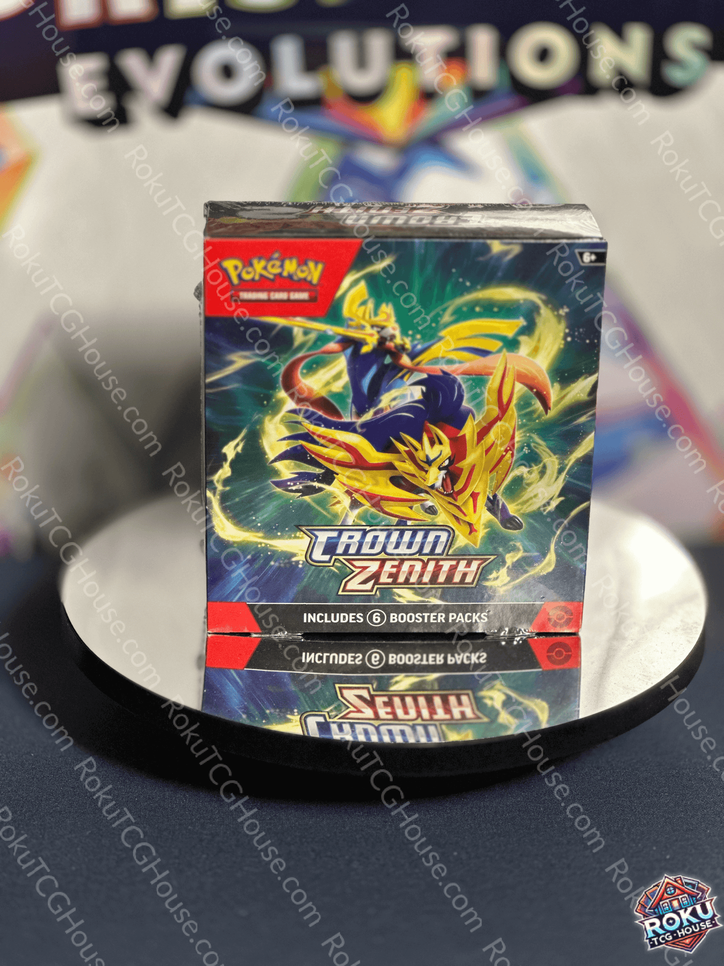 Crown Zenith Booster Bundle box featuring vibrant artwork, includes 6 Pokémon TCG booster packs for collectors and trainers.