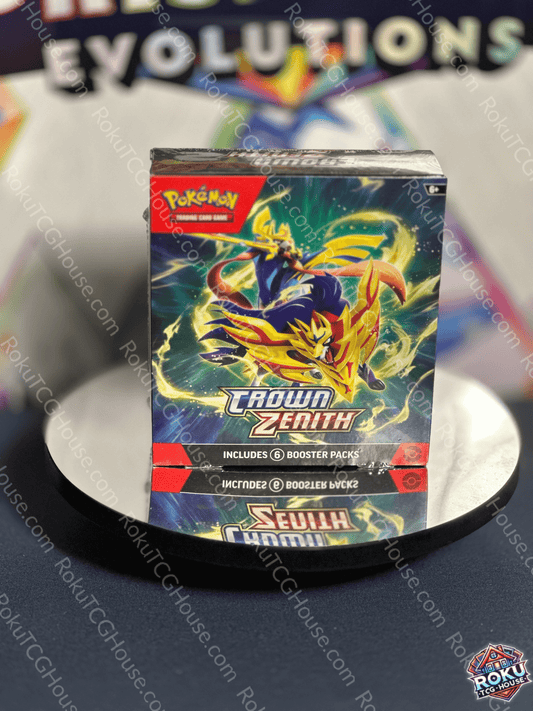 Crown Zenith Booster Bundle box featuring vibrant artwork, includes 6 Pokémon TCG booster packs for collectors and trainers.