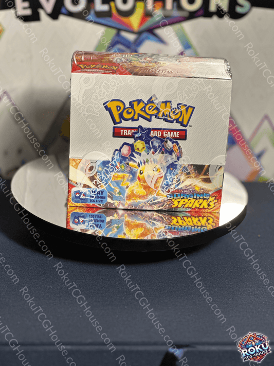 SV08: Surging Sparks Booster Box for Pokémon Trading Card Game, featuring vibrant artwork and dynamic graphics.