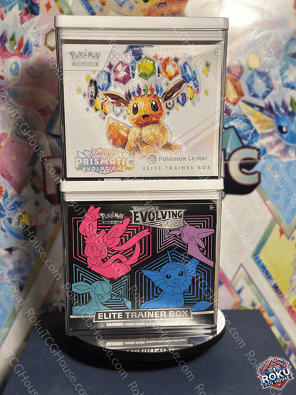 Elite Trainer Box Protector Case holding sealed Pokémon TCG Elite Trainer Boxes for display and protection.