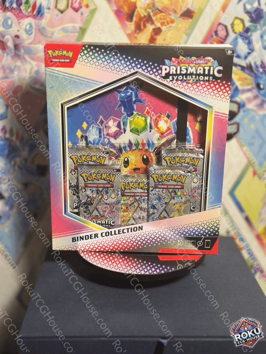 Pokémon Prismatic Evolutions Binder Collection displayed with vibrant artwork and card packs.
