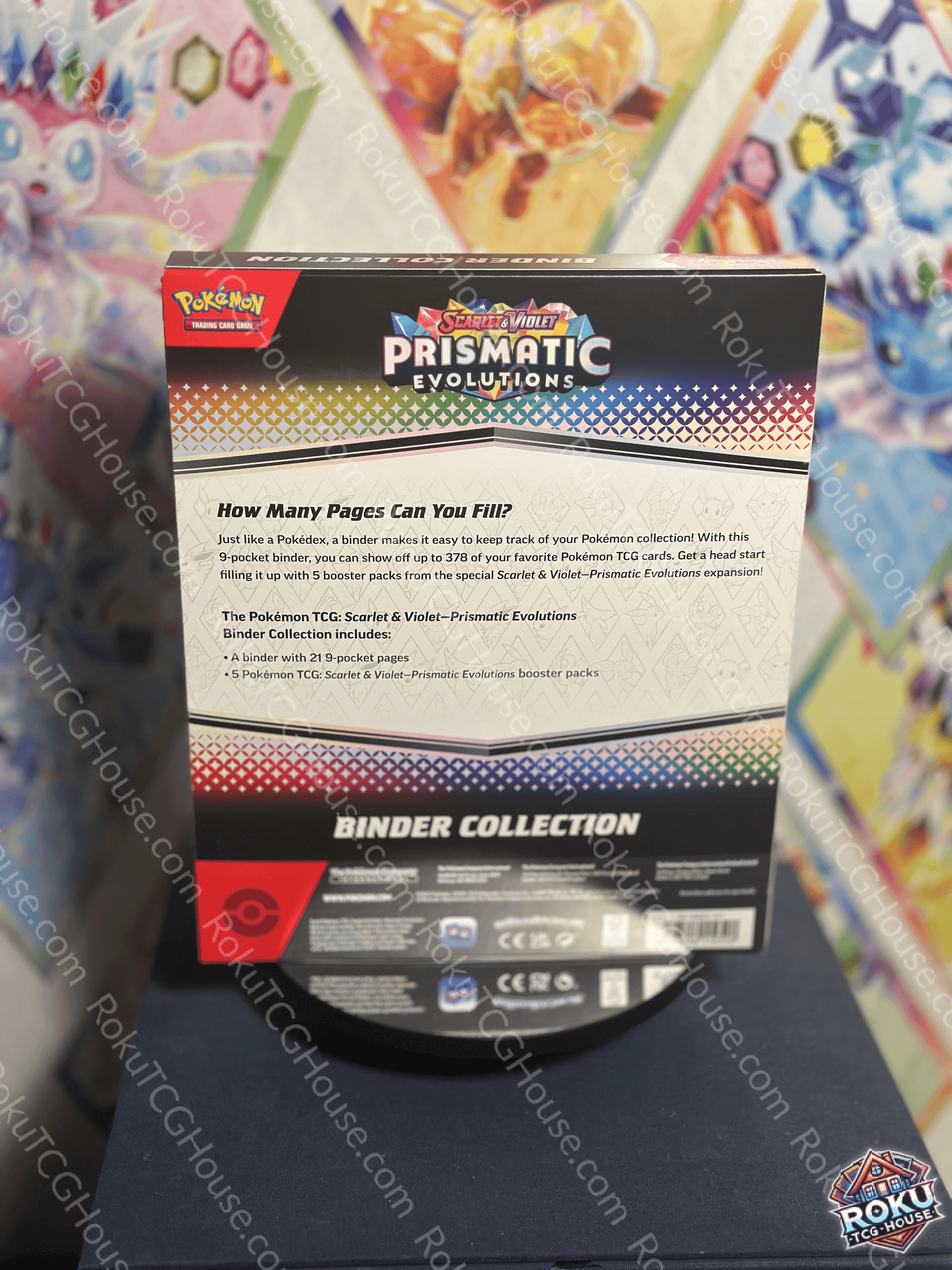 Back view of the Pokémon Prismatic Evolutions Binder Collection, showcasing features and details for card organization.