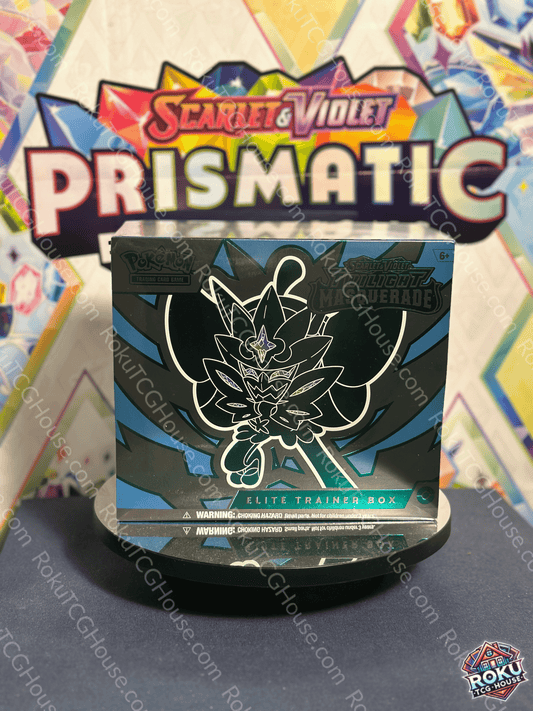 Twilight Masquerade Elite Trainer Box from Pokémon TCG displayed with vibrant Scarlet and Violet Prismatic background.