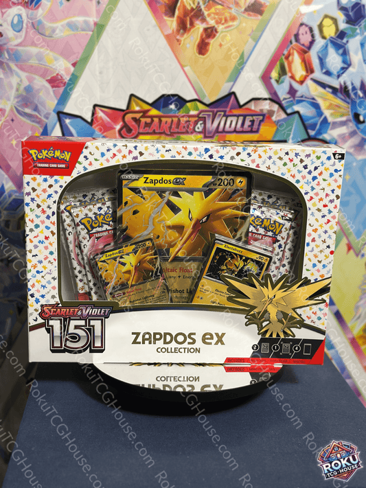 Scarlet & Violet: 151 Zapdos EX Collection box featuring holo promo cards and booster packs of the Legendary Pokémon.