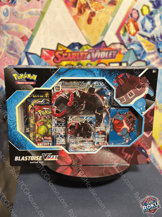 Front of Pokémon TCG: Blastoise VMax Battle Box – Pokémon Trading Card Game battle box.