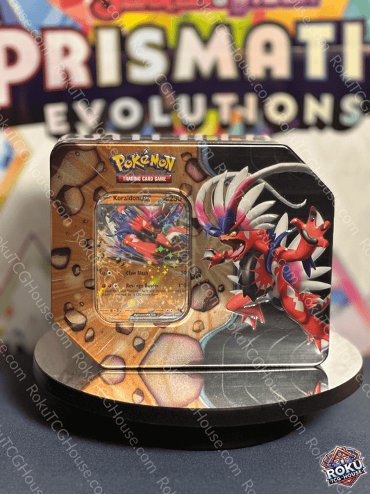 Front of Pokémon TCG: Slashing Legends Koraidon Tin – Pokémon Trading Card Game mini tin.