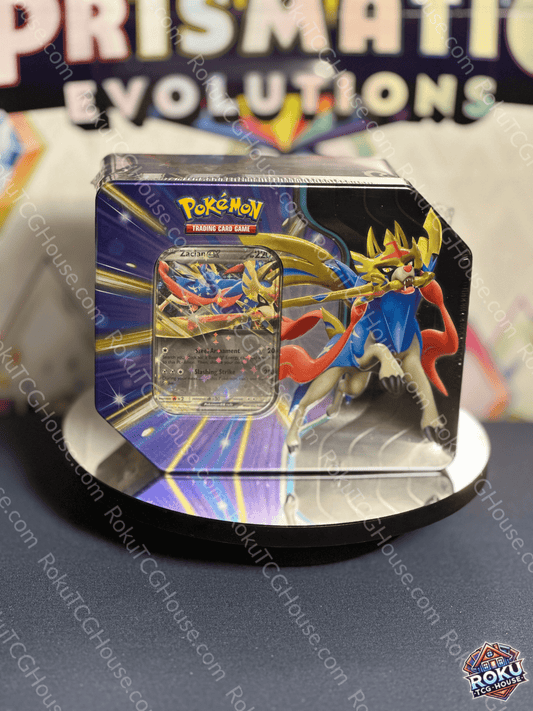 Front of Pokémon TCG: Slashing Legends Zacian Tin – Pokémon Trading Card Game mini tin.