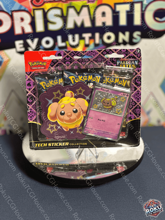 Front of Paldean Fates Tech Sticker Collection (Fidough) – Pokémon TCG sticker accessory.