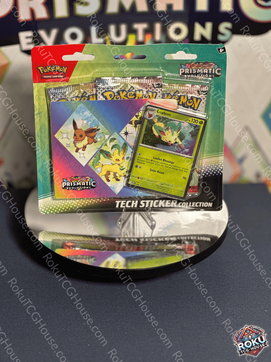 Front of Prismatic Evolutions Tech Sticker Collection (Leafeon) – Pokémon TCG sticker accessory.