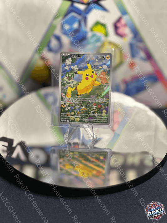 Pikachu Pokemon card displayed on a stand, featuring vibrant artwork and colors, ideal for collectors.