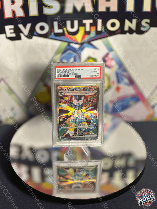 Dragapult EX Terastal Festival Pokémon card in PSA 10 grade displayed on a reflective surface.
