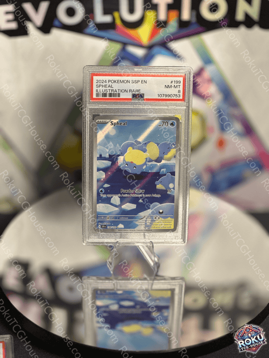Spheal Pokémon card from Surging Sparks, PSA 8 condition, featuring vibrant artwork and rare illustration details.