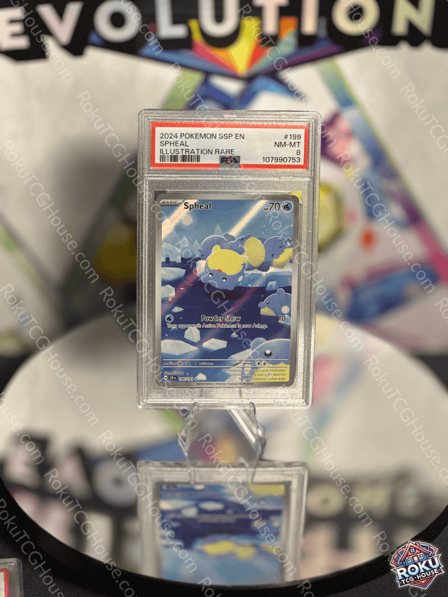 Spheal Pokémon card from Surging Sparks, PSA 8 condition, featuring vibrant artwork and rare illustration details.