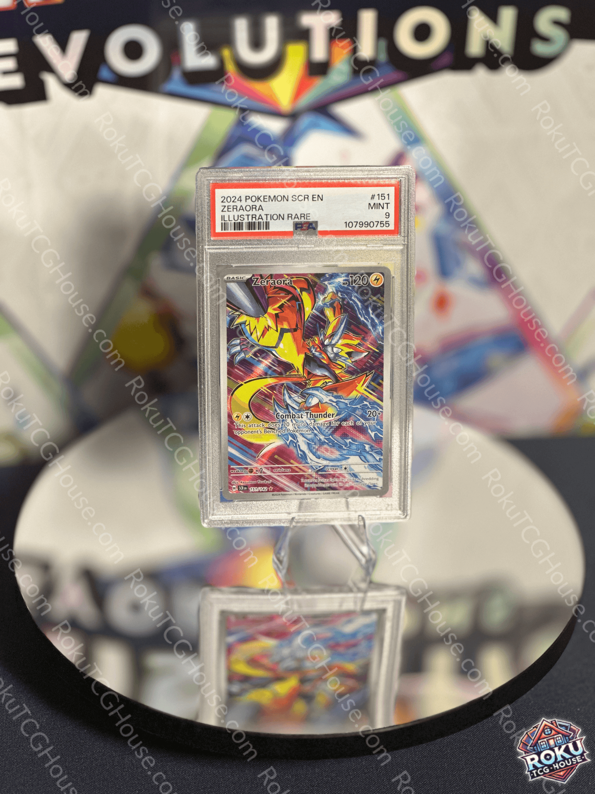 Zeraora V Pokemon card in PSA 9 condition displayed at Rokugame, featuring vibrant artwork and holographic finish.
