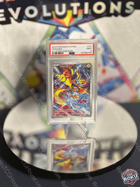 Zeraora V Pokemon card in PSA 9 condition displayed at Rokugame, featuring vibrant artwork and holographic finish.