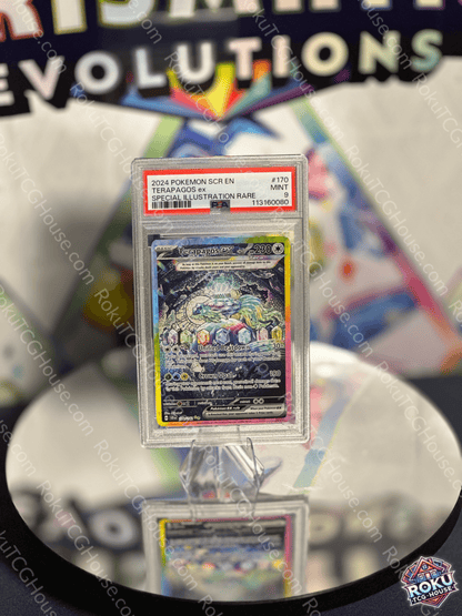 Terapagos EX Pokémon card graded PSA 9, glowing illustration from Stellar Crown set, ideal for collectors.