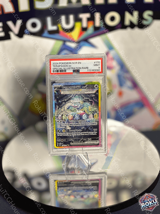 Terapagos EX Pokémon card graded PSA 9, glowing illustration from Stellar Crown set, ideal for collectors.