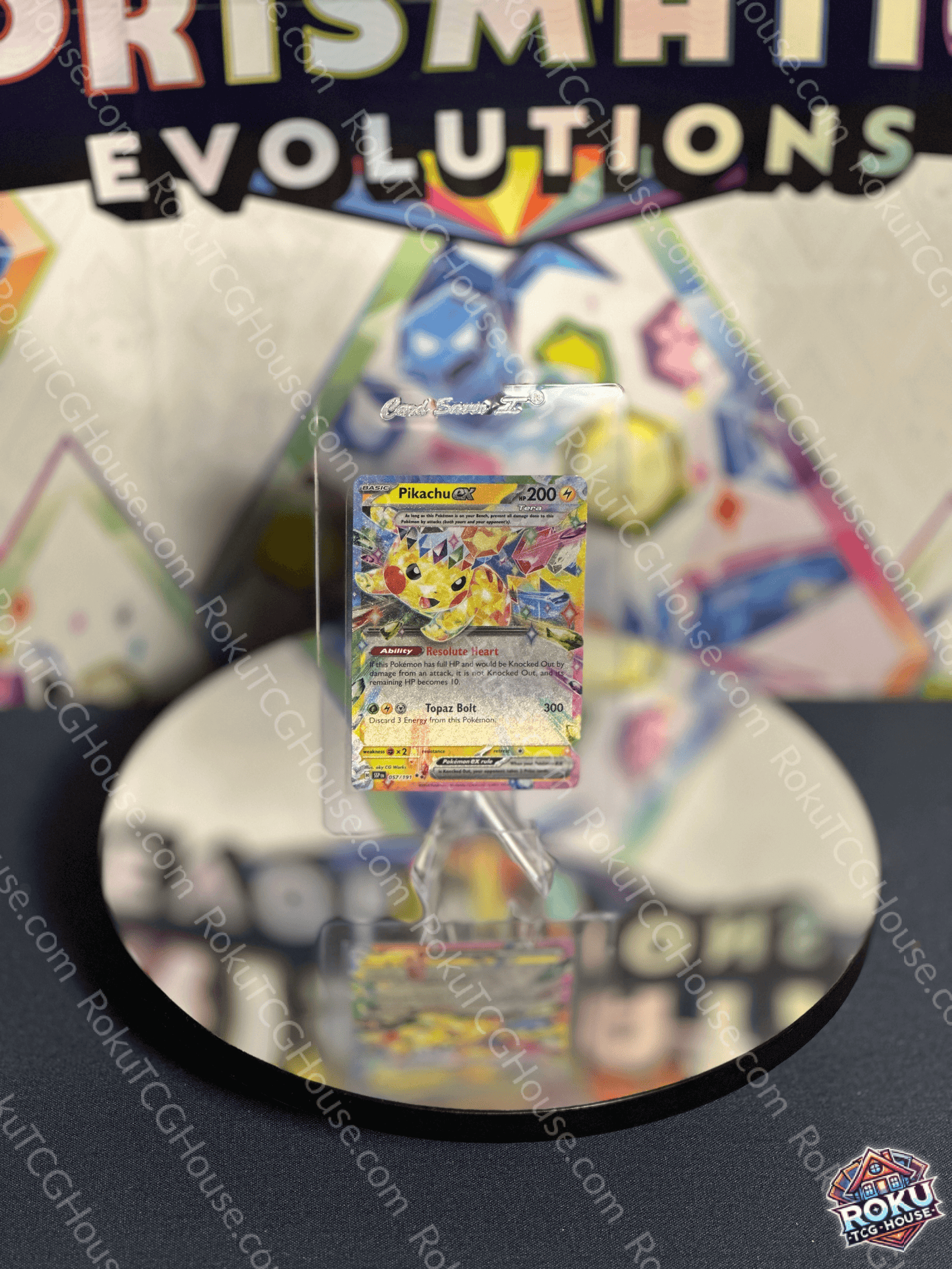 Pikachu EX card on display, showcasing Surging Sparks attack, perfect for Pokemon collectors.