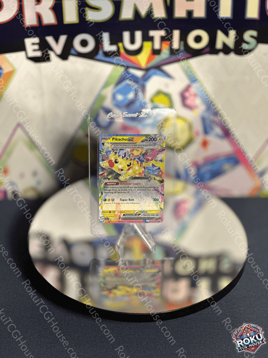 Pikachu EX card on display, showcasing Surging Sparks attack, perfect for Pokemon collectors.
