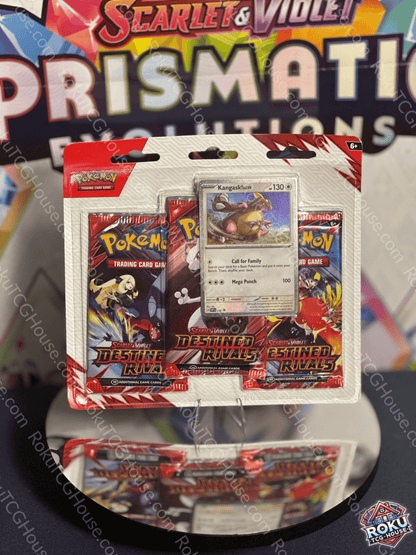 Front of Destined Rivals – 3‑Pack Blister (Kangaskhan) – Pokémon Trading Card Game accessory pack.