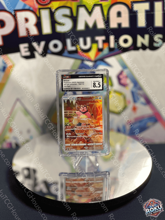 Miltank Pokémon card graded CGC 8.5 displayed on a circular mirror at a collectible showcase.
