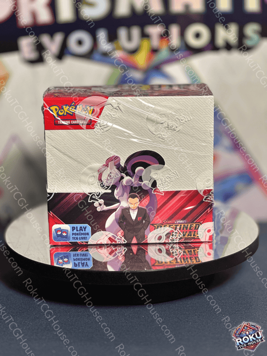 Front of sealed Destined Rivals Booster Box featuring set artwork and a preview of booster pack designs on the front panel.