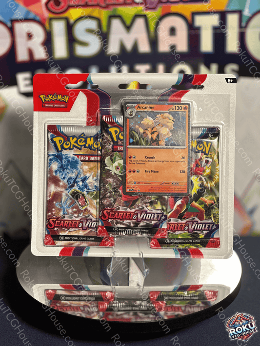Front of sealed Scarlet & Violet: Base 3‑pack blister featuring Arcanine promo card visible through blister packaging.