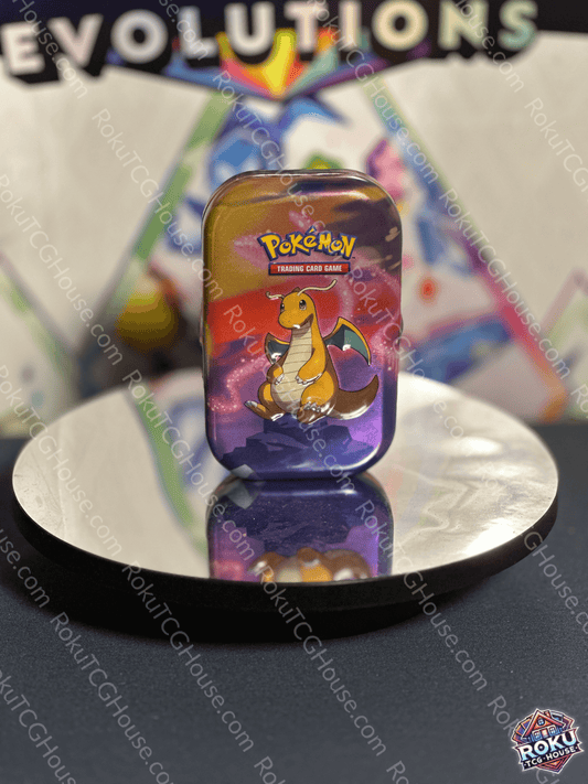 Front of empty Pokémon Storage Mini-Tin featuring Dragonite artwork on the lid.
