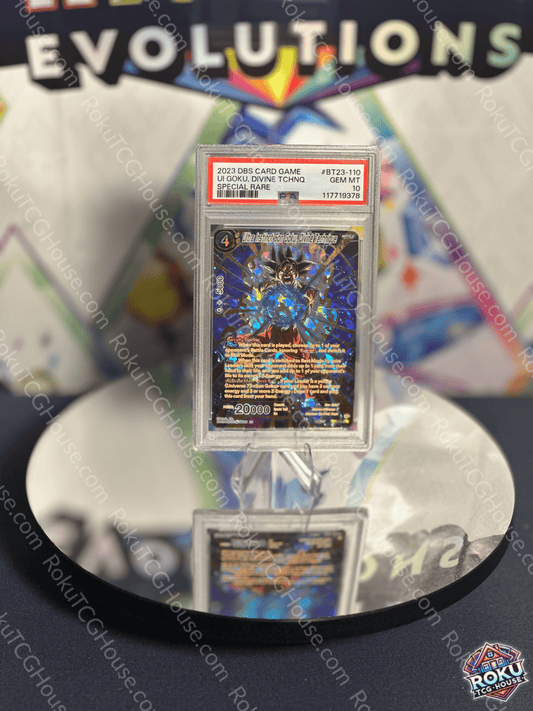 Front of PSA 10 Ultra Instinct Son Goku Divine Technique – Perfect Combination Dragon Ball Super card, showing Goku in Ultra Instinct form with vibrant artwork and PSA grading label.