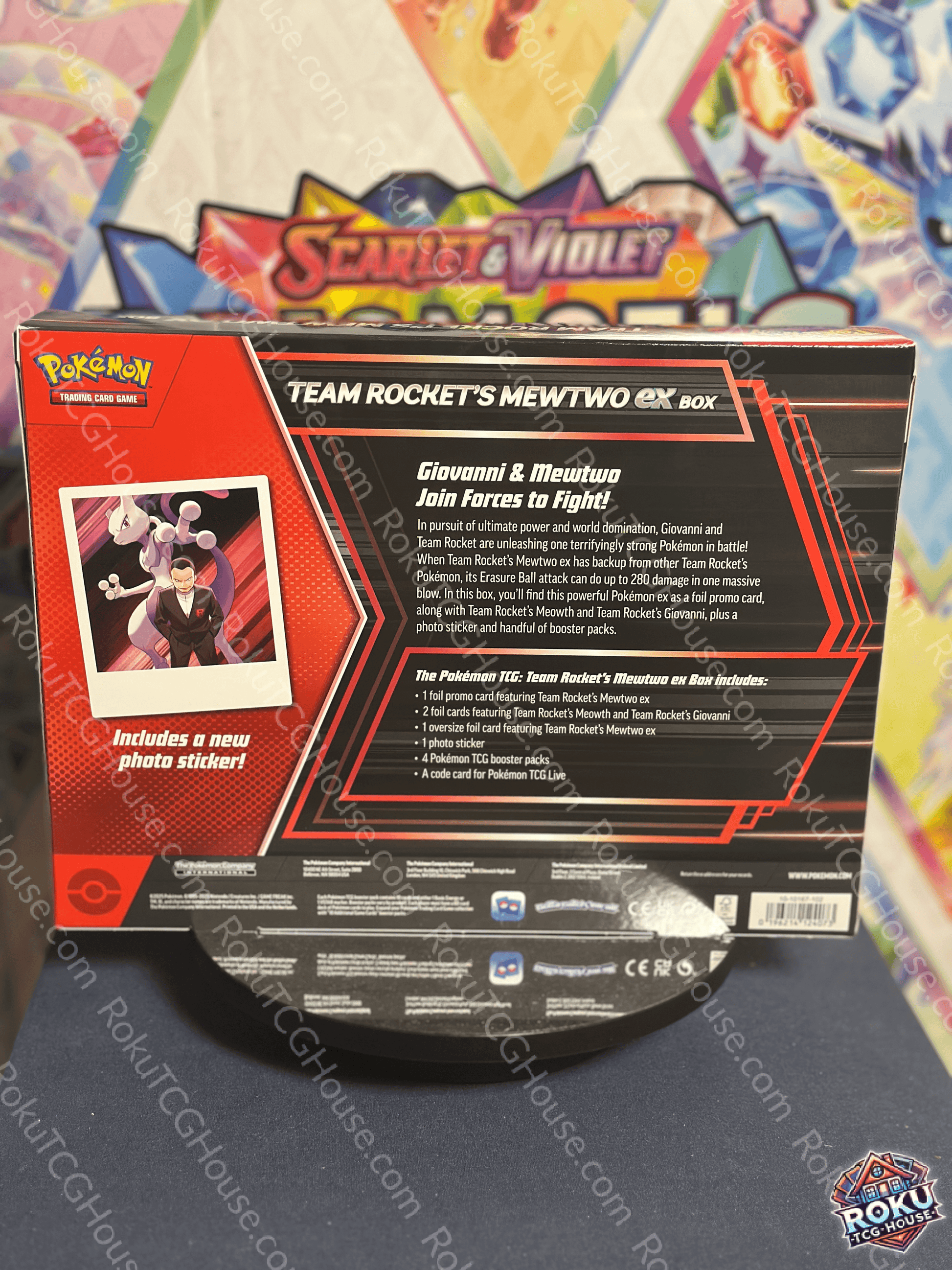 Back of sealed Pokémon TCG: Team Rocket's Mewtwo EX Box displaying box contents and product details.