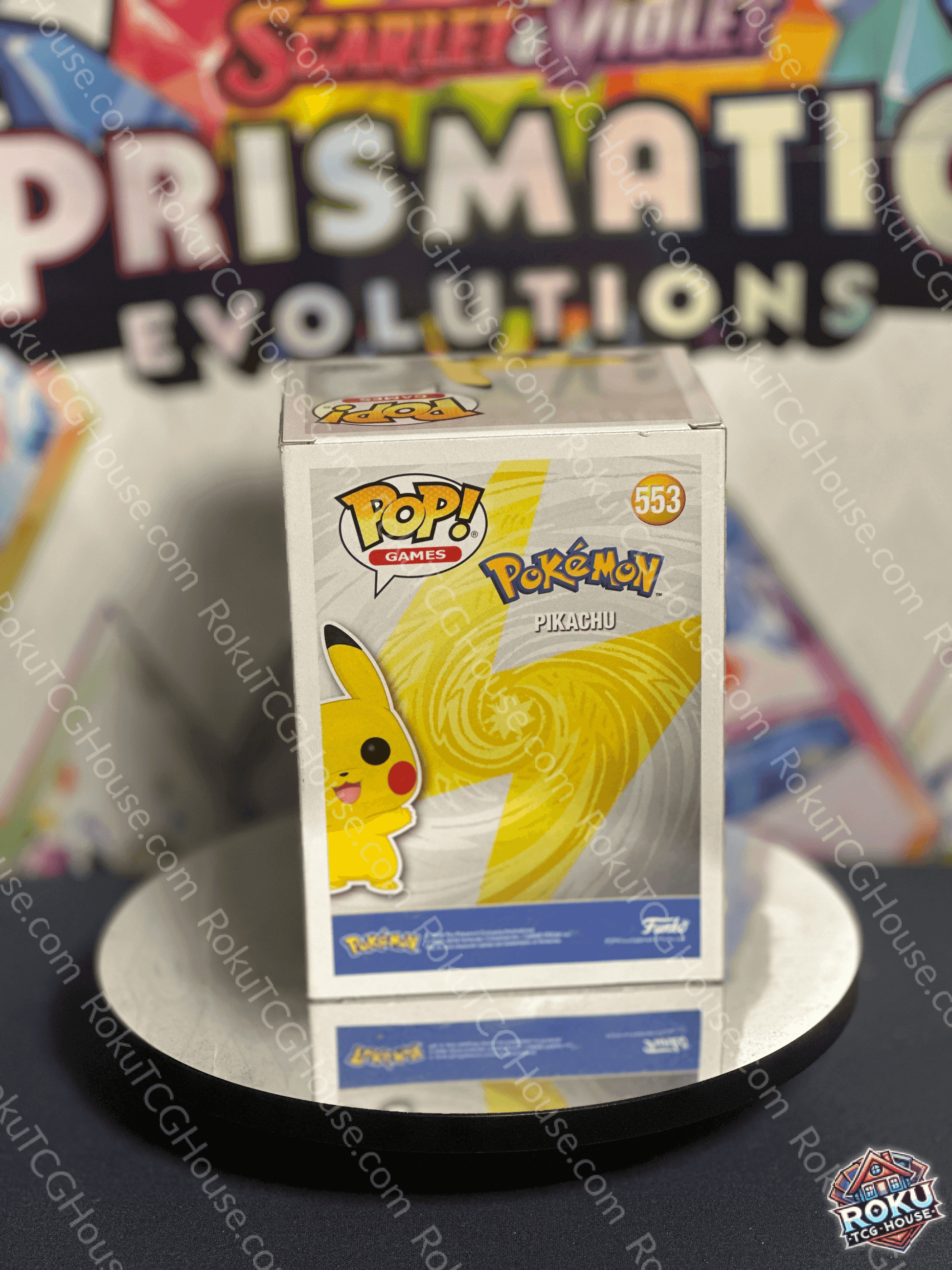 Back of Pikachu - Pokémon #553 - Funko Pop! Vinyl Figure showing box art and Pokémon branding