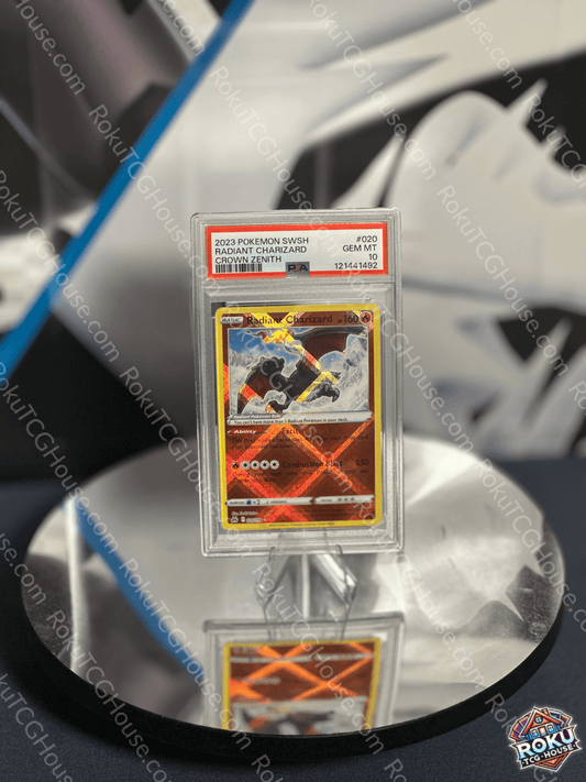 Front of Radiant Charizard Crown Zenith Pokémon card graded PSA 10 in protective PSA case
