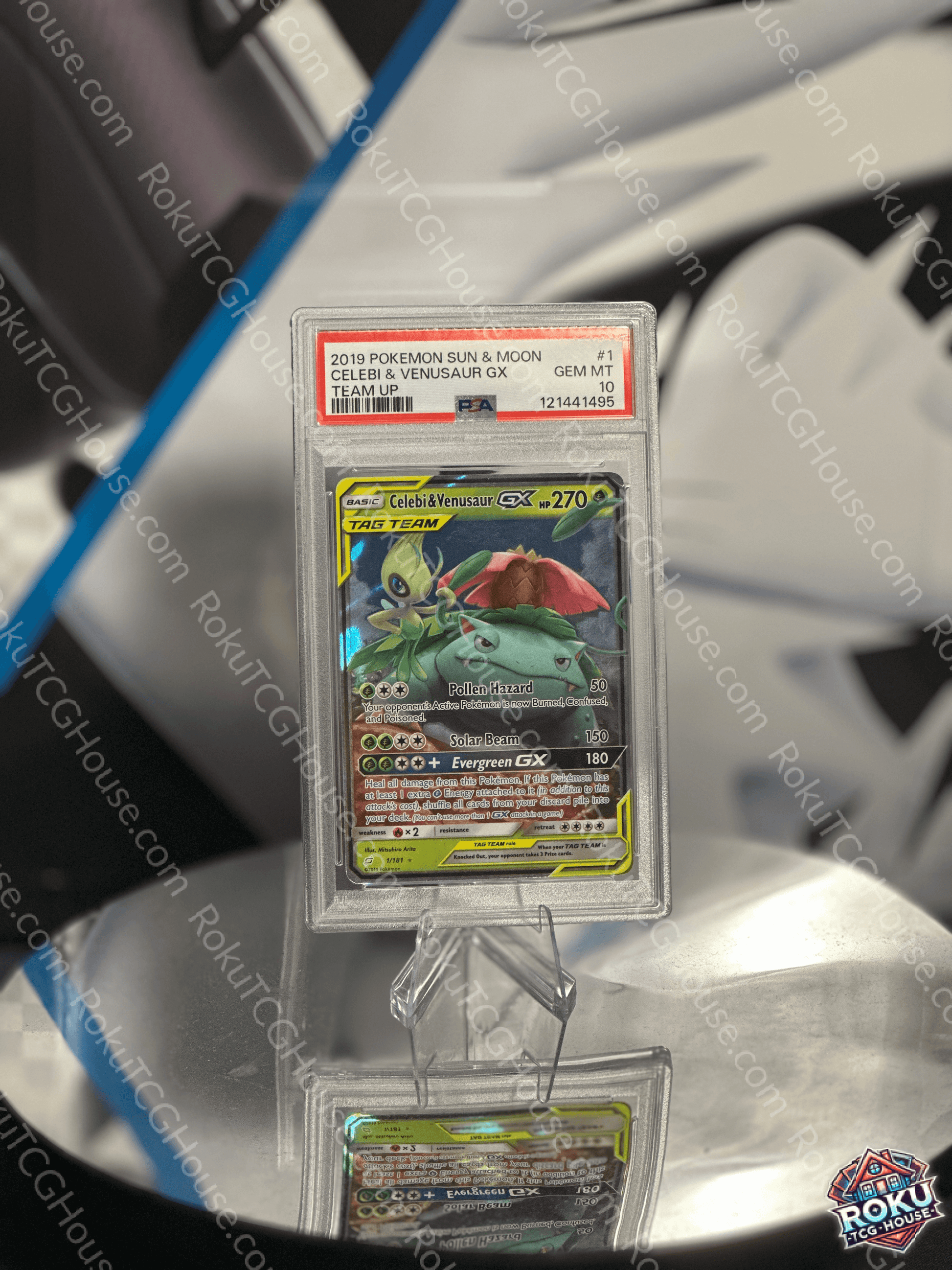Front of Celebi & Venusaur GX Team Up Pokémon card graded PSA 10 in protective PSA case