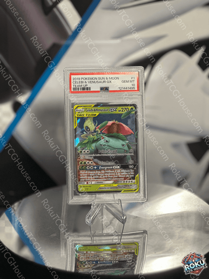 Front of Celebi & Venusaur GX Team Up Pokémon card graded PSA 10 in protective PSA case