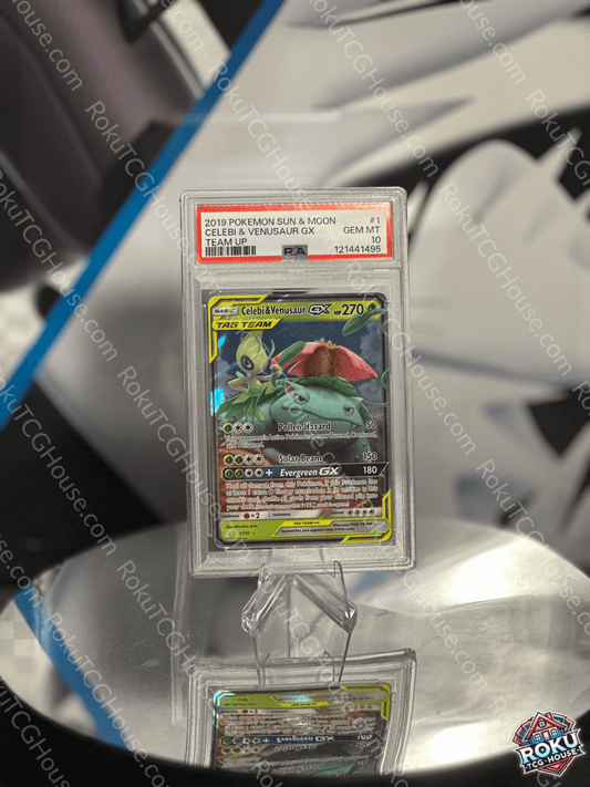 Front of Celebi & Venusaur GX Team Up Pokémon card graded PSA 10 in protective PSA case